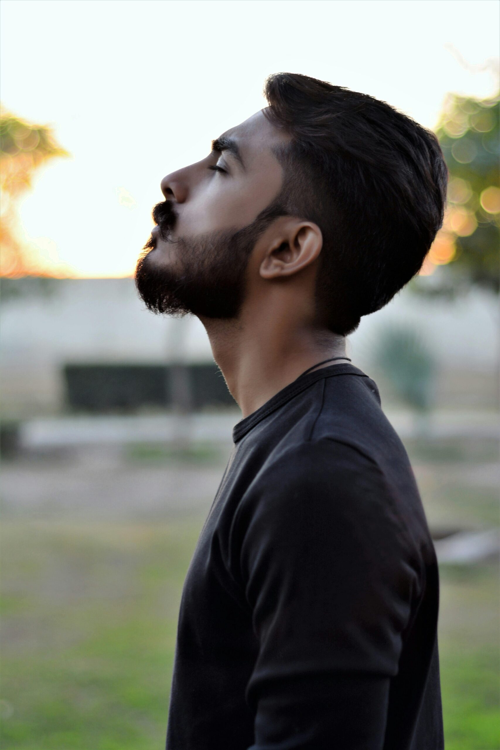 Side view portrait of a bearded man gazing upwards in an outdoor setting with blurred background.